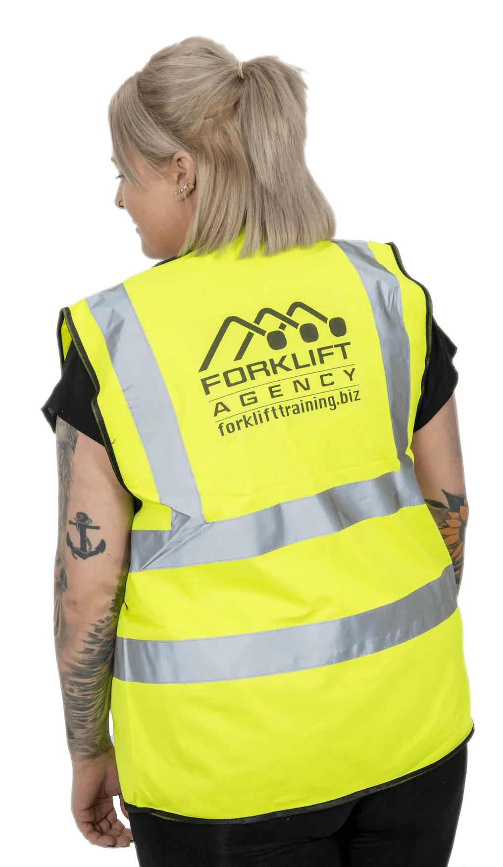 Forklift operator in hi-vis seated on a counterbalance forklift